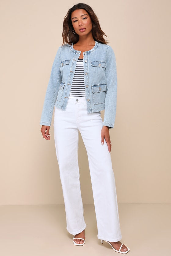 Delightful Energy Light Wash Collarless Button-Up Denim Jacket