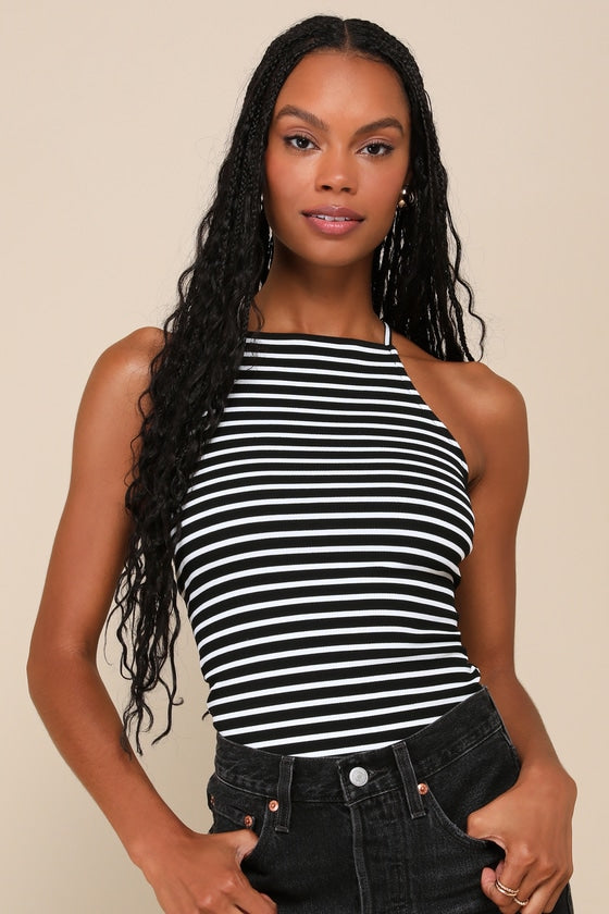 Classic Necessity Black Striped Ribbed Apron Neck Tank Top