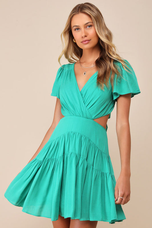 Feeling the Sunshine Green Tie-Back Flutter Sleeve Mini Dress