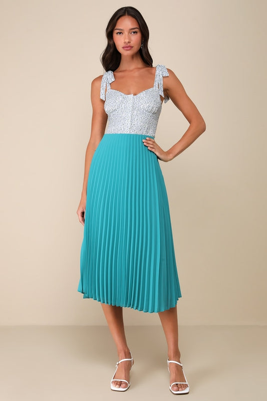 Charming Motivation Turquoise Pleated High-Waisted Midi Skirt