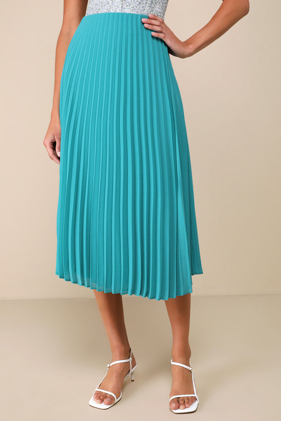 Charming Motivation Turquoise Pleated High-Waisted Midi Skirt