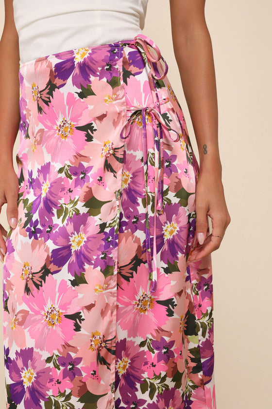 Thriving Spirit Pink Multi Floral Satin Side-Tie Midi Skirt