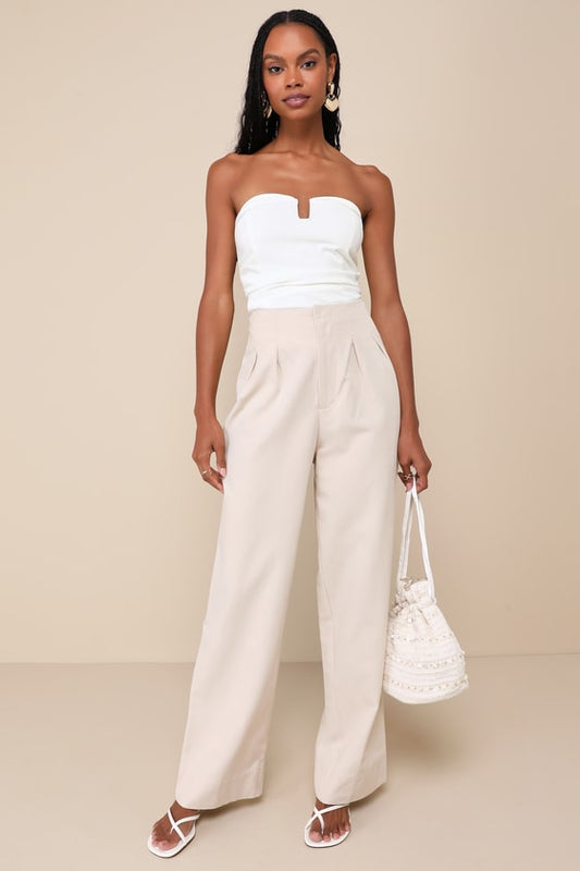 Sophisticated Feel Beige Pleated High-Rise Wide Leg Pants