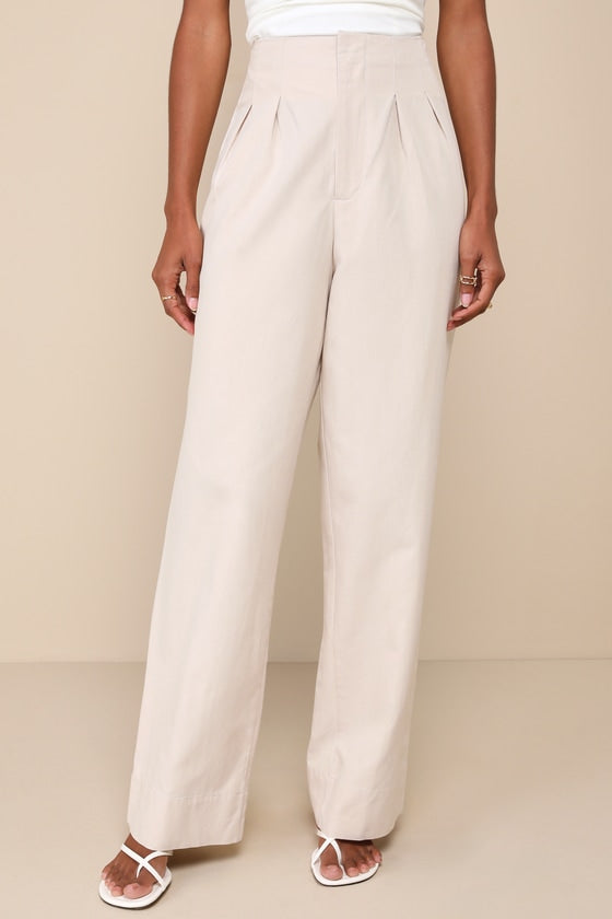 Sophisticated Feel Beige Pleated High-Rise Wide Leg Pants