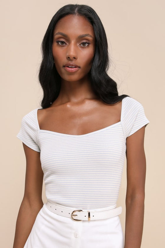 Leisurely Charm Ivory and Blue Striped Ribbed Cap Sleeve Top