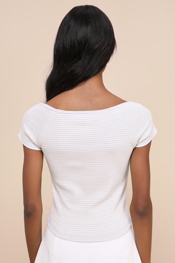 Leisurely Charm Ivory and Blue Striped Ribbed Cap Sleeve Top