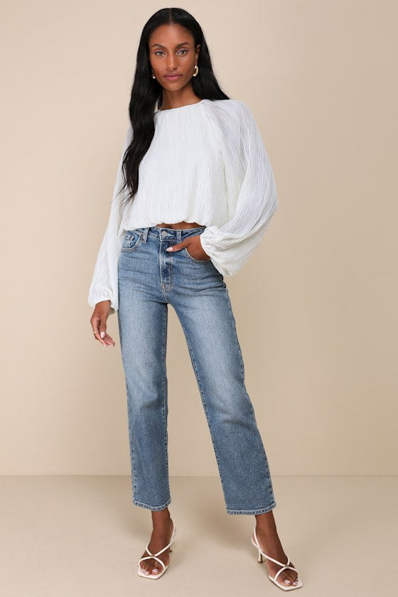 Cute Ideal White Plisse Balloon Sleeve Cropped Bubble Hem Top