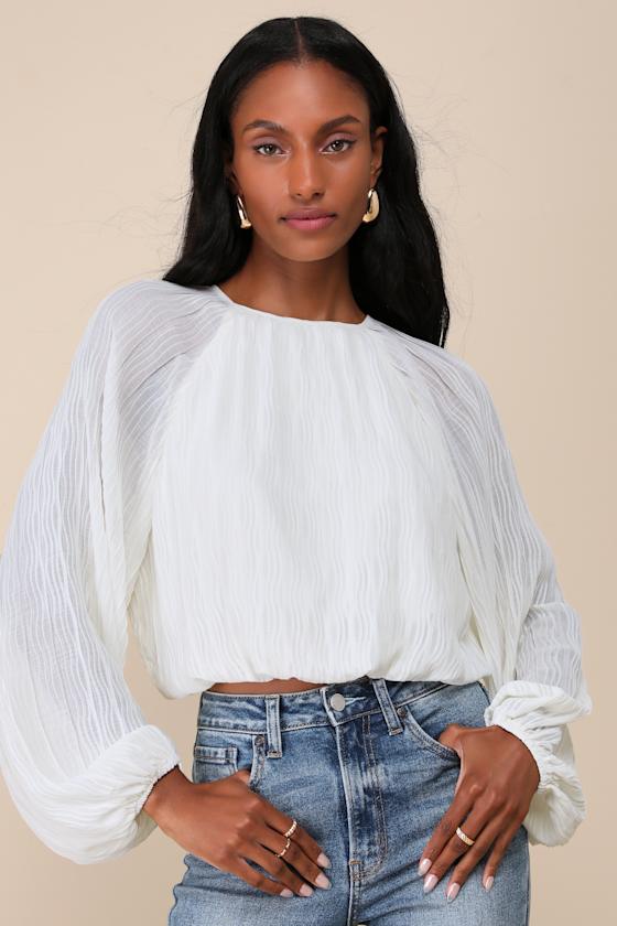 Cute Ideal White Plisse Balloon Sleeve Cropped Bubble Hem Top