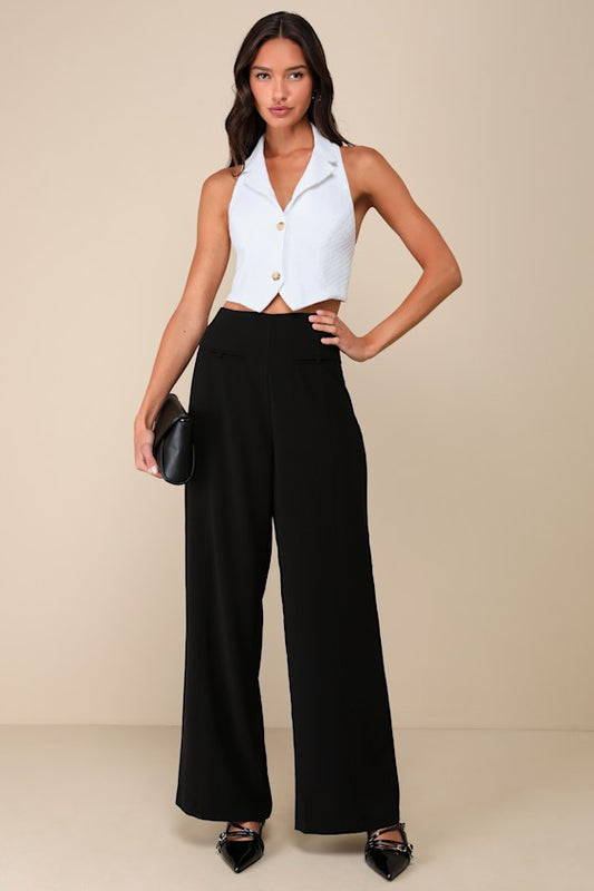 Essentially Posh Black Twill High-Rise Wide-Leg Trouser Pants