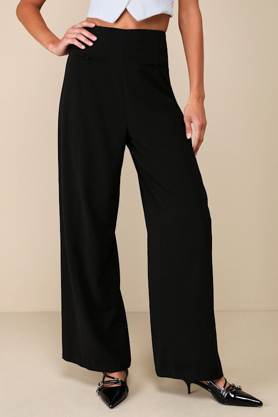 Essentially Posh Black Twill High-Rise Wide-Leg Trouser Pants