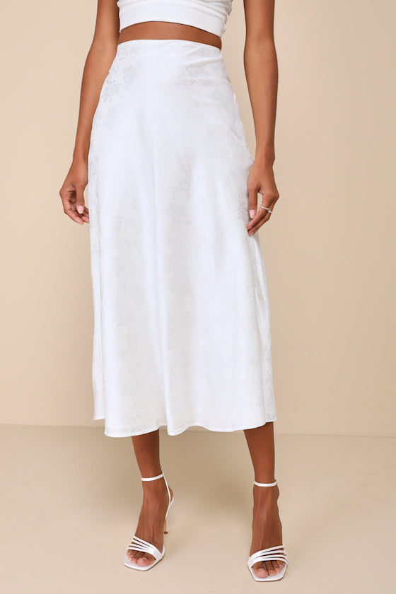 Simply Idyllic Ivory Floral Jacquard High Rise Midi Skirt