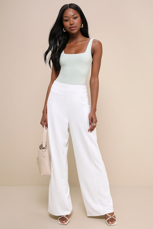 Essentially Posh Ivory Twill High-Rise Wide-Leg Trouser Pants