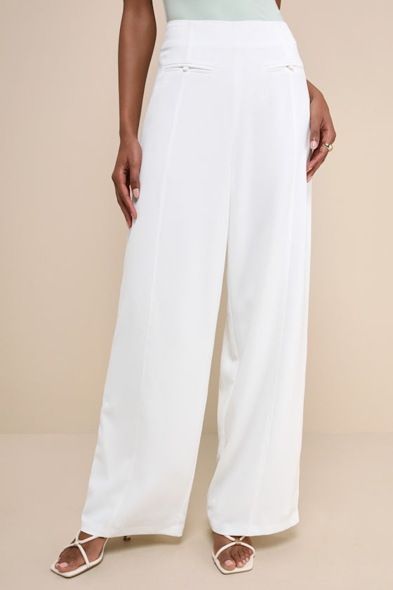 Essentially Posh Ivory Twill High-Rise Wide-Leg Trouser Pants