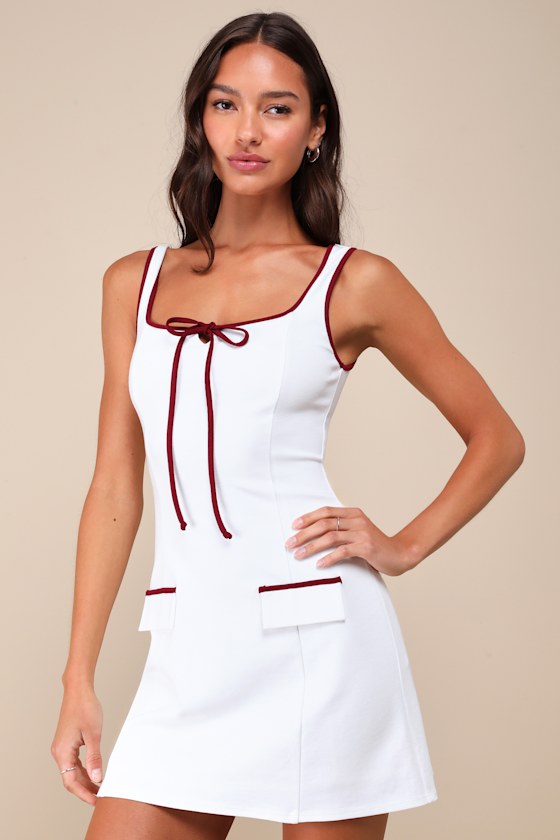 Cutest Allure Ivory Bow Square Neck Sleeveless Mini Dress