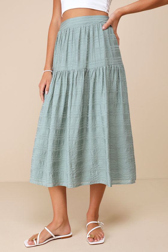 Confidently Effortless Teal Textured Tiered Midi Skirt