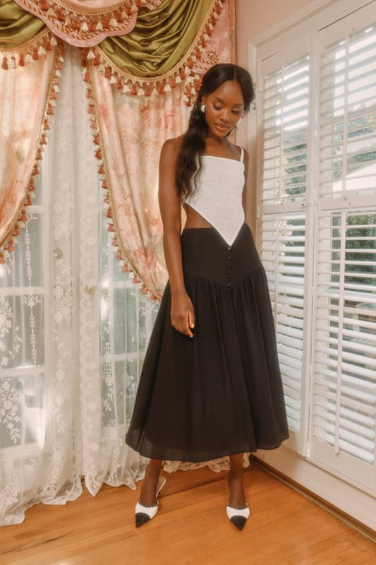 Ethereal Charm Black Drop Waist High-Rise Midi Skirt