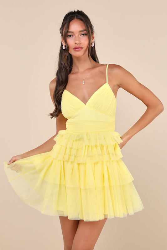 Special Poise Yellow Tulle Pleated Sleeveless Tiered Mini Dress