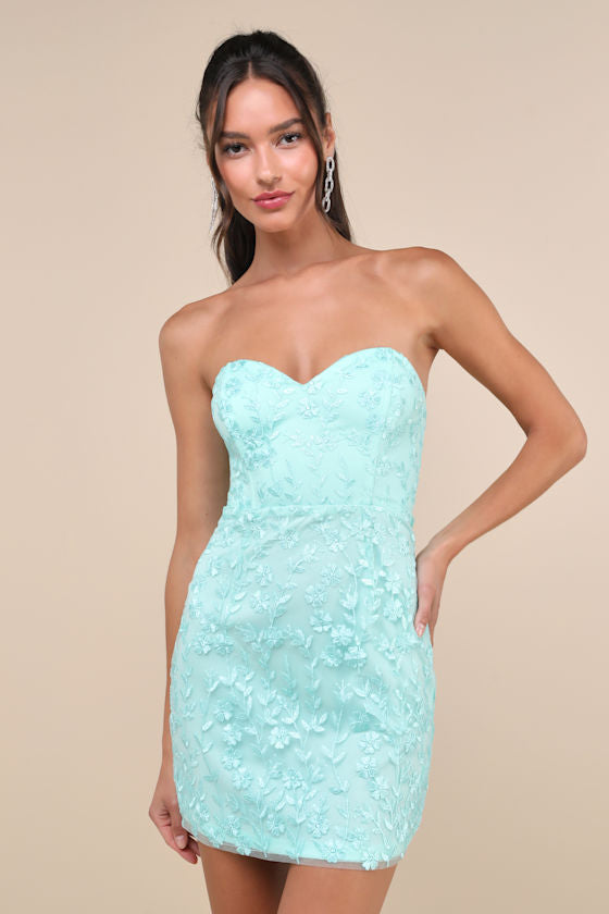 Exquisite Sensation Teal Floral Embroidered Strapless Mini Dress