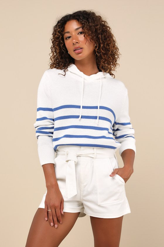 Comfy Aura Ivory and Blue Striped Knit Hooded Sweater Top