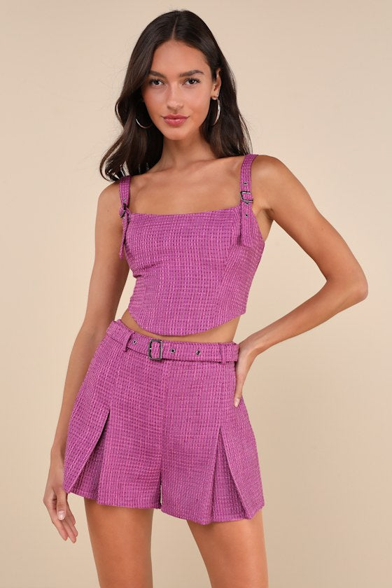 Bold Cutie Purple Tweed Belted Pleated Mini Shorts