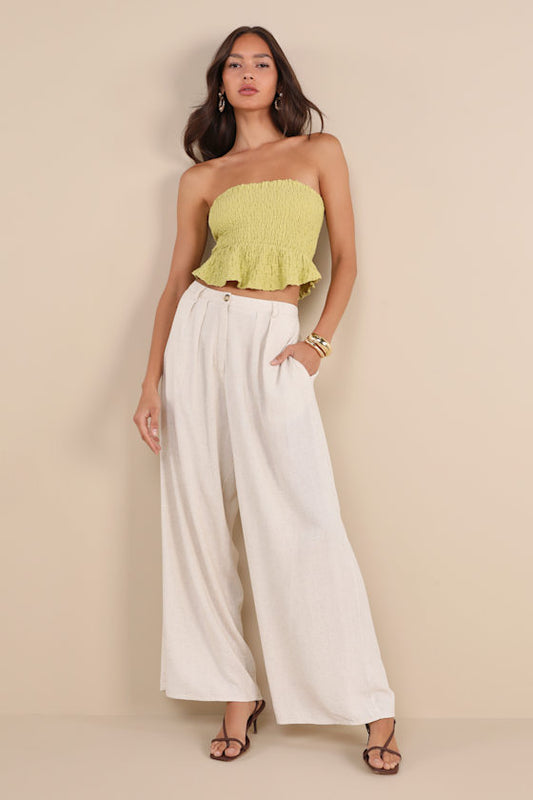 Sweet Instincts Beige Linen High-Waisted Wide-Leg Trouser Pants