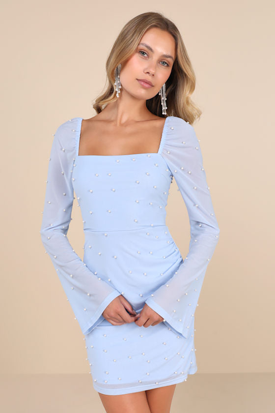 Flirty Luxury Light Blue Mesh Pearl Long Sleeve Mini Dress