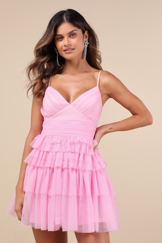 Special Poise Pink Tulle Pleated Sleeveless Tiered Mini Dress