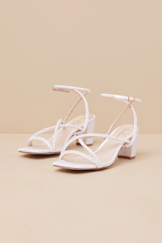 Makenna White Pearl Satin Strappy Ankle Strap Low Heel Sandals