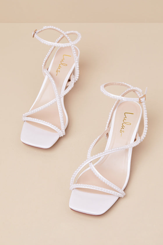 Makenna White Pearl Satin Strappy Ankle Strap Low Heel Sandals