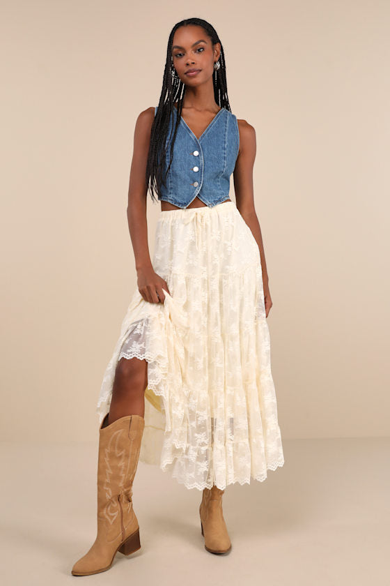 Exceptionally Graceful Cream Lace High-Rise Tiered Midi Skirt