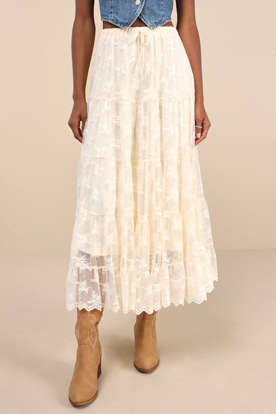 Exceptionally Graceful Cream Lace High-Rise Tiered Midi Skirt