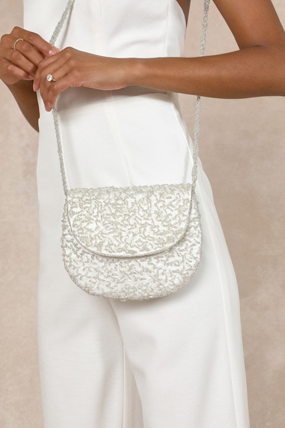 Glittery Babe Ivory and Silver Beaded Pearl Crossbody Bag