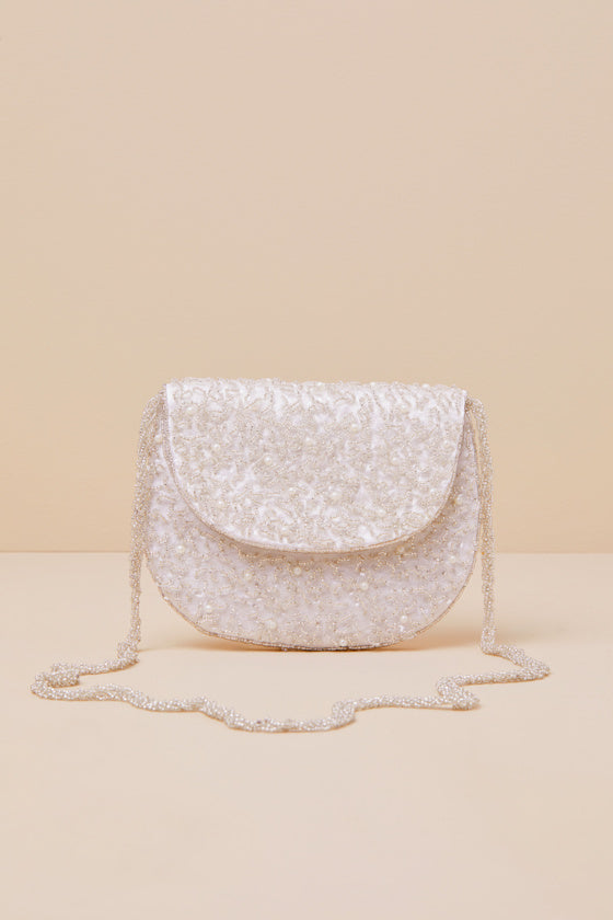 Glittery Babe Ivory and Silver Beaded Pearl Crossbody Bag