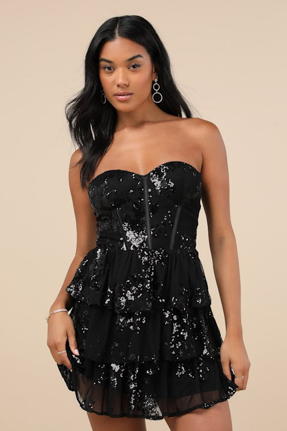 Definite Glamour Black Mesh Sequin Bustier Tiered Mini Dress