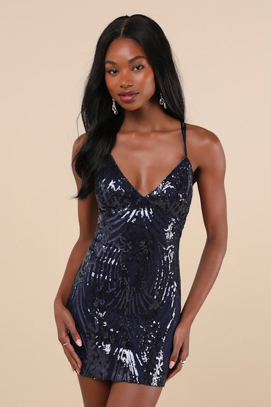 Dazzling Reputation Navy Blue Sequin Backless Bodycon Mini Dress