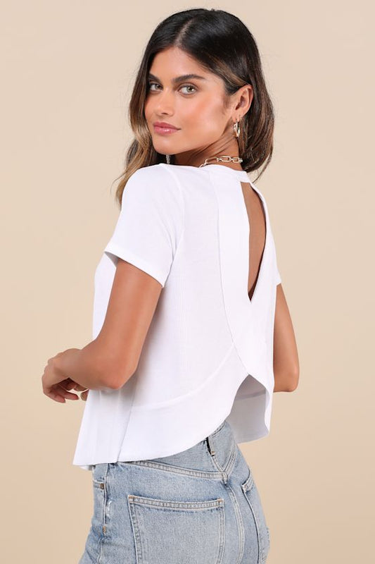 Boosted Basic White Ribbed Cutout Short Sleeve Top