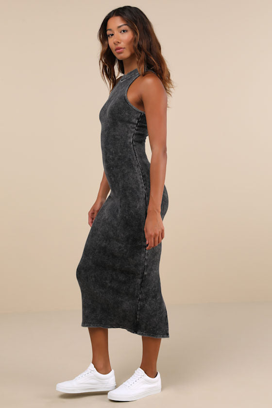 Essentially Sweet Washed Charcoal Ribbed Sleeveless Midi Dress