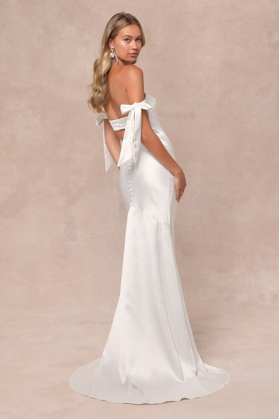 Eternally Loved White Cutout Satin Off-the-Shoulder Maxi Dress