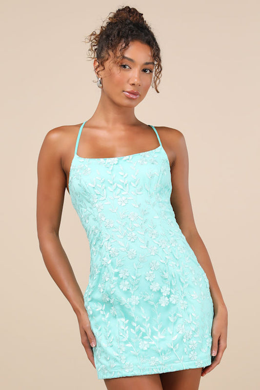 Lively Sweetheart Turquoise Mesh Embroidered Lace-Up Mini Dress