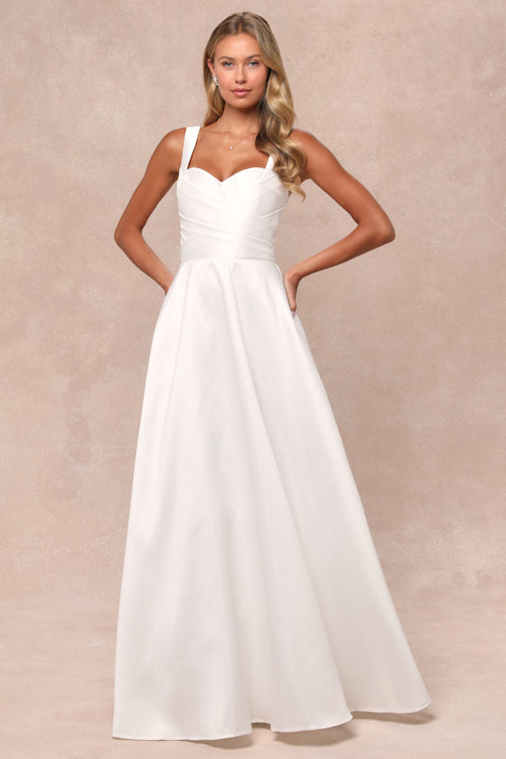 Modern Affection White Taffeta Pleated Sleeveless Maxi Dress