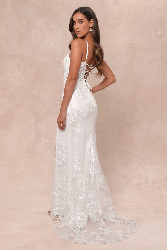 Ethereal Elegance White Embroidered Lace-Up Maxi Dress