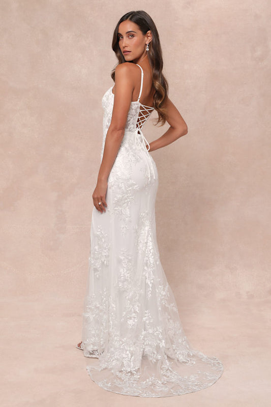 Ethereal Elegance White Embroidered Lace-Up Maxi Dress