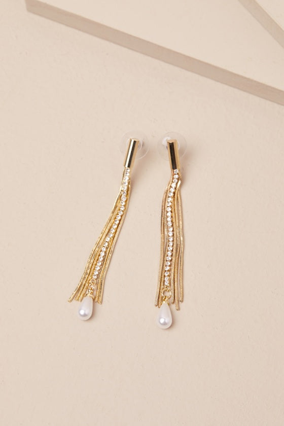 Modish Shine Gold Rhinestone Pearl Fringe Drop Earrings