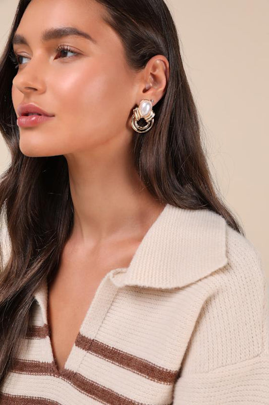 Special Essence Gold Pearl Abstract Statement Earrings