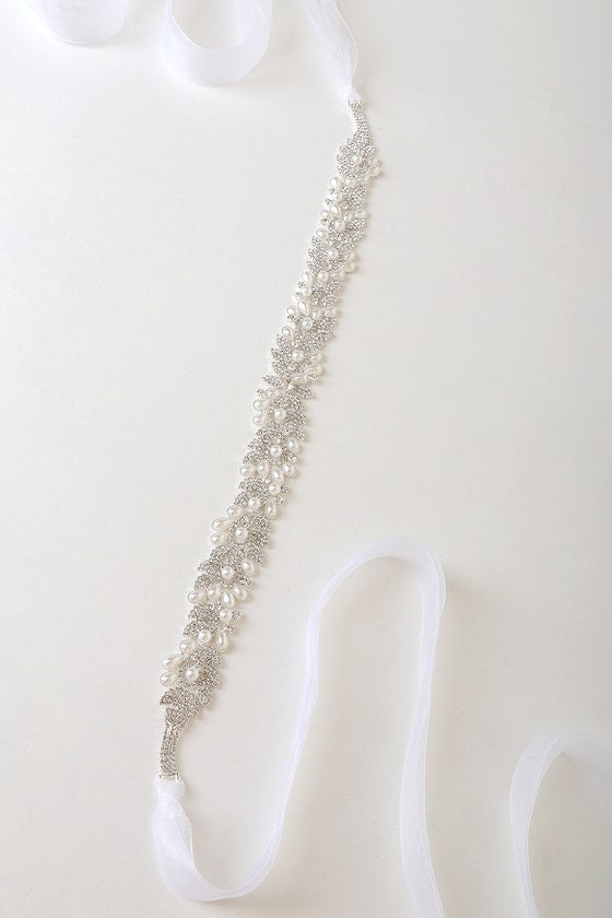 Sweetest Ending Silver Rhinestone and Pearl Bridal Belt