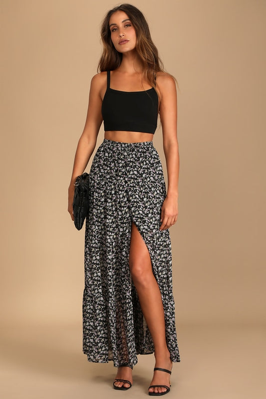 Subtle Sweetness Black Floral Print Tiered Maxi Skirt