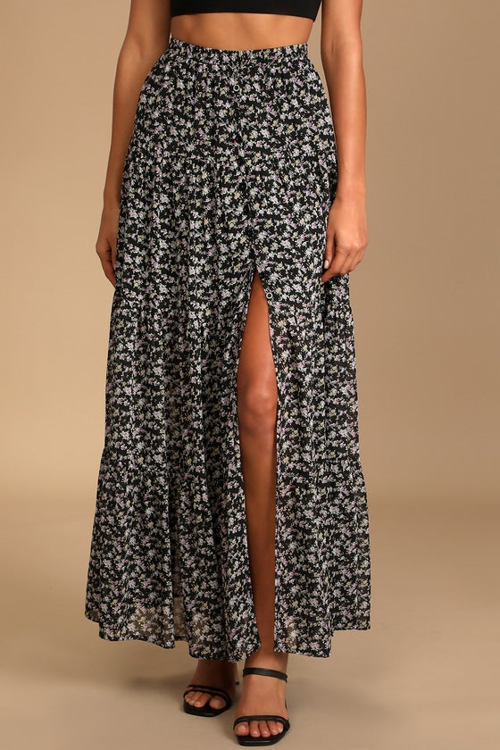 Subtle Sweetness Black Floral Print Tiered Maxi Skirt