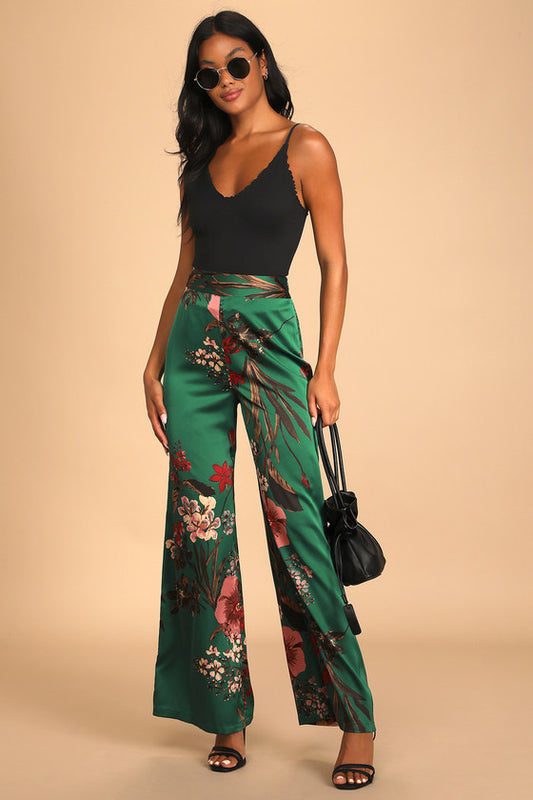 Thriving Vibes Green Floral Print Satin Wide-Leg Pants