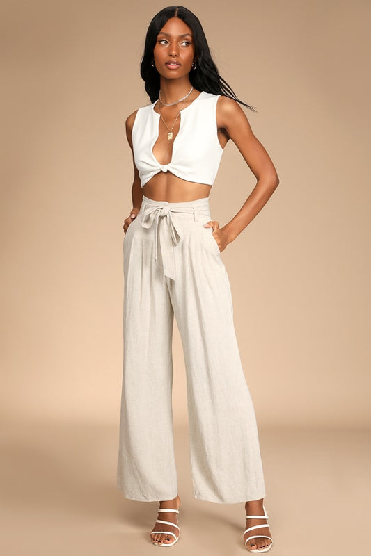 Trend Alert Beige Belted High-Waisted Wide-Leg Pants