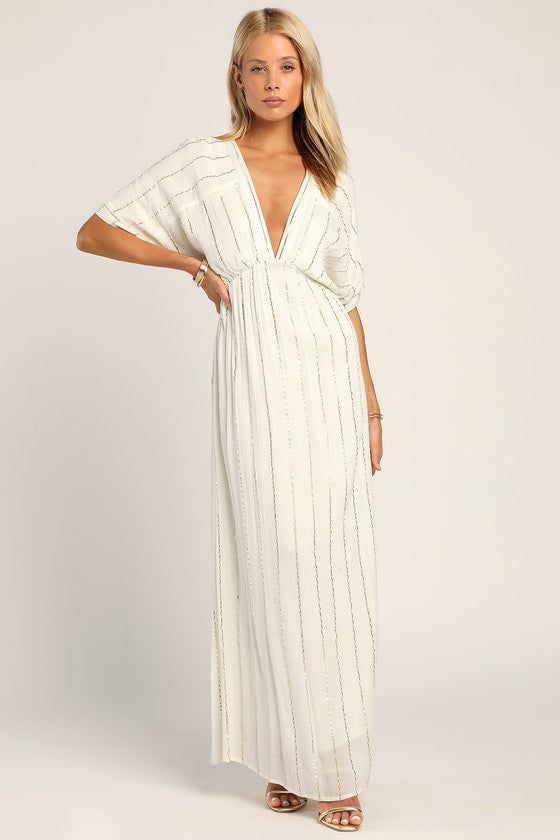 Goddess Vibes Ivory Gold Striped Dolman Sleeve Maxi Dress